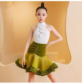 Girls white lace green velvet latin dance dresses modern salsa rumba ballroom latin stage performance costumes for children